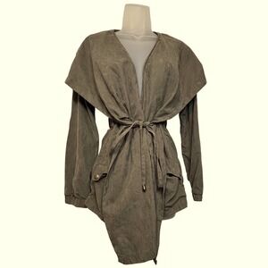 Utility Olive Green Draped Jacket Hooded Drawstring Waist Sz Med Boho Minimalist